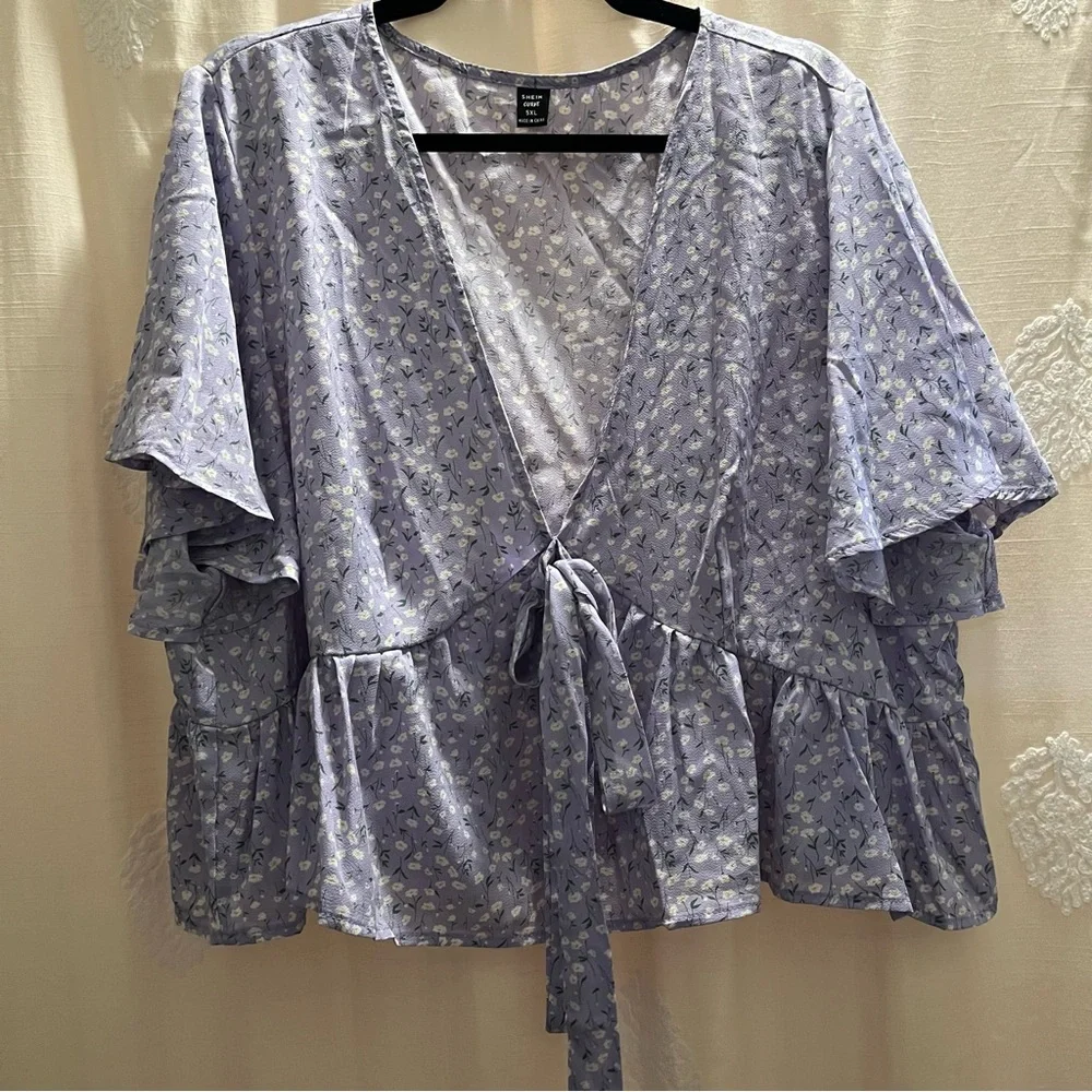 Lavender with White Floral Print Cropped Self-Tie Ruffle Hem Peplum Blouse NWOT